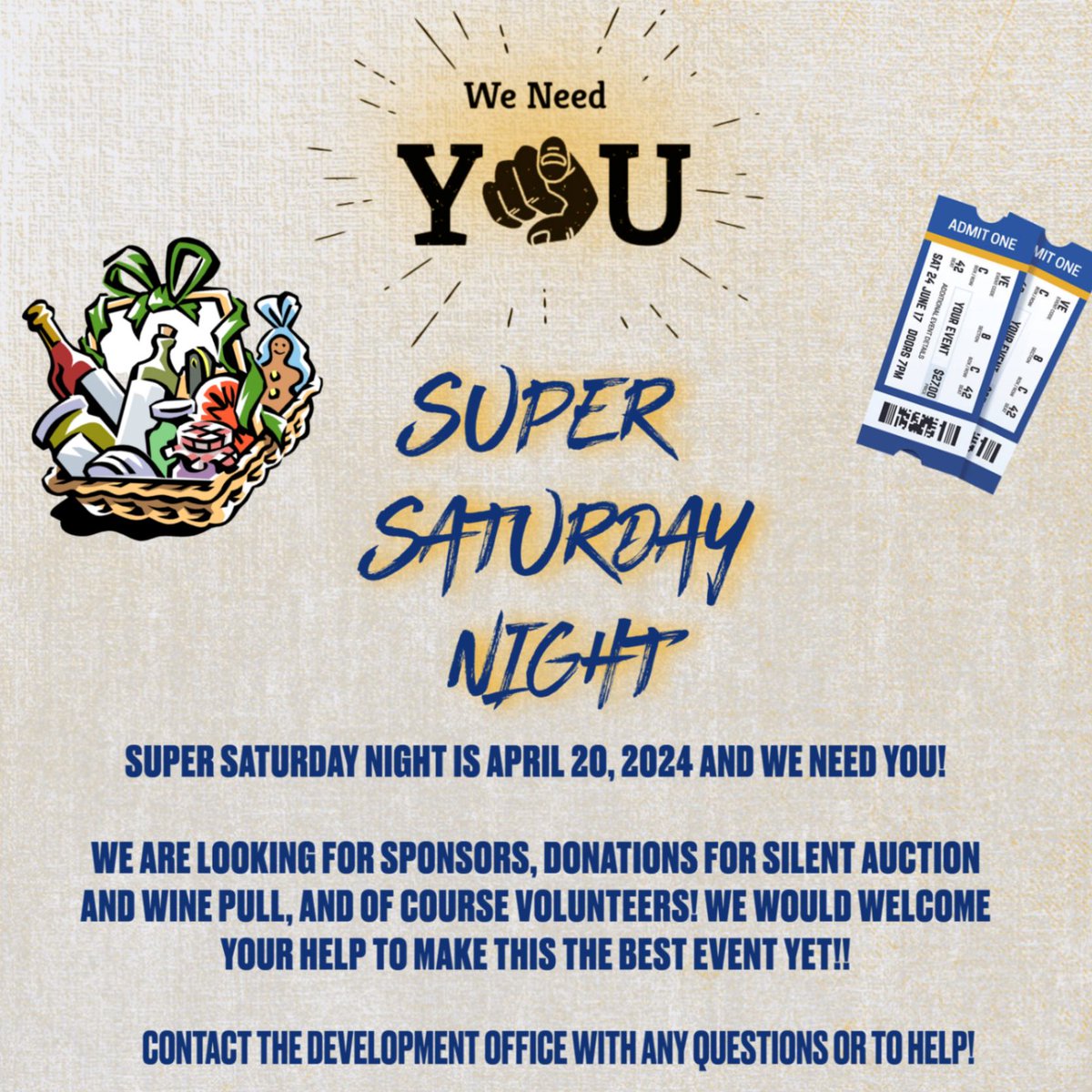 Do you know someone who may sponsor Super Saturday Night?  Do you have ideas for silent auction ideas?  Are you creative and want to help us plan our 28th Annual Super Saturday?  We welcome everyone's help!  We want this to be the best Super Saturday Night yet!