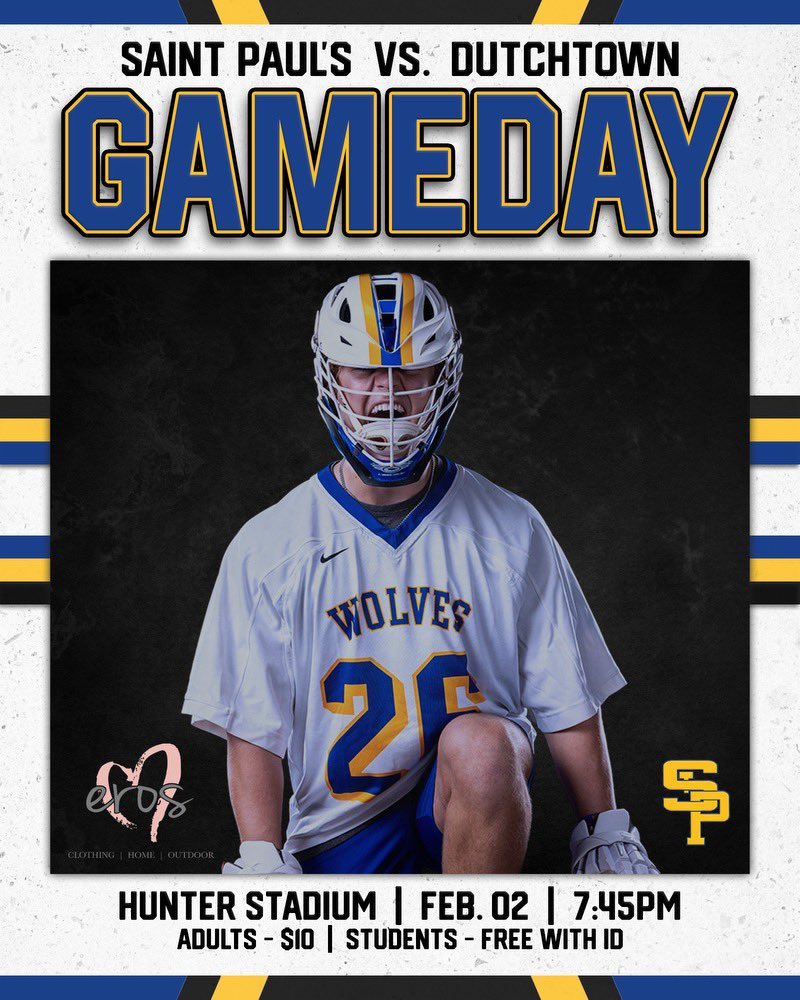 St. Paul's Wolves Lacrosse (@spslax) on Twitter photo 🐺 It’s GAMEDAY <a href="/wolfnationsps/">WOLF NATION</a>
🥍 SPS vs @dutchtownlacrosse
📍 Hunter Stadium
🕣 7:45p Faceoff
🗓️ Season Opener
#GeauxWolves | #BrickXBrick 🐺 It’s GAMEDAY <a href="/wolfnationsps/">WOLF NATION</a>
🥍 SPS vs @dutchtownlacrosse
📍 Hunter Stadium
🕣 7:45p Faceoff
🗓️ Season Opener
#GeauxWolves | #BrickXBrick