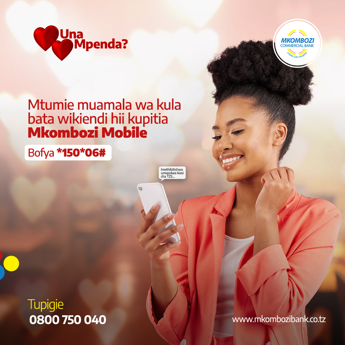 MkomboziBankPlc's tweet photo. Upo mbali na mpendwa wako?
Mtumie pesa kwa wepesi na haraka kupitia Mkombozi Mobile afurahie wikiendi yake.
Bofya 150*06#

#mkombozibank #abankwithintegrity #MkomboziMobile #Unampenda? https://t.co/LocwTQ8UKk