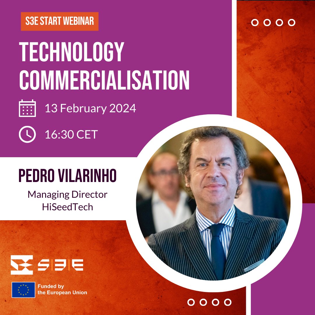 #S3EStart Webinars for Deep Tech projects 💡 Technology Commercialisation 📅 13 February - 16:30 CET 🗣️ Pedro Vilarinho, Managing Director at HiSeedTech Part of the S3E Start program for research teams in Southern Europe 🚀 south3e.eu/2024/01/28/s3e… 🇪🇺 #EUfunded by @EU_EISMEA
