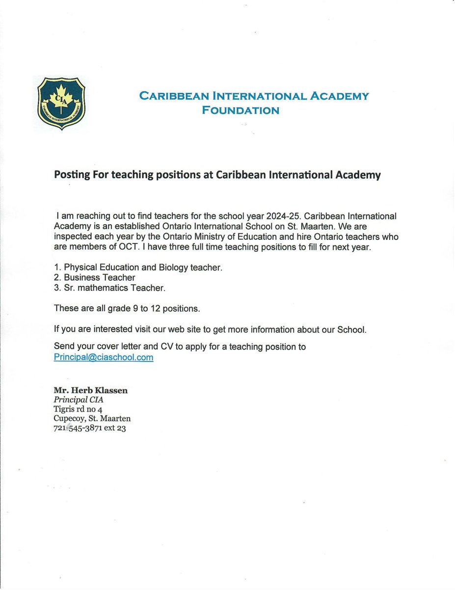 Job Posting - Teaching Positions at Caribbean International Academy