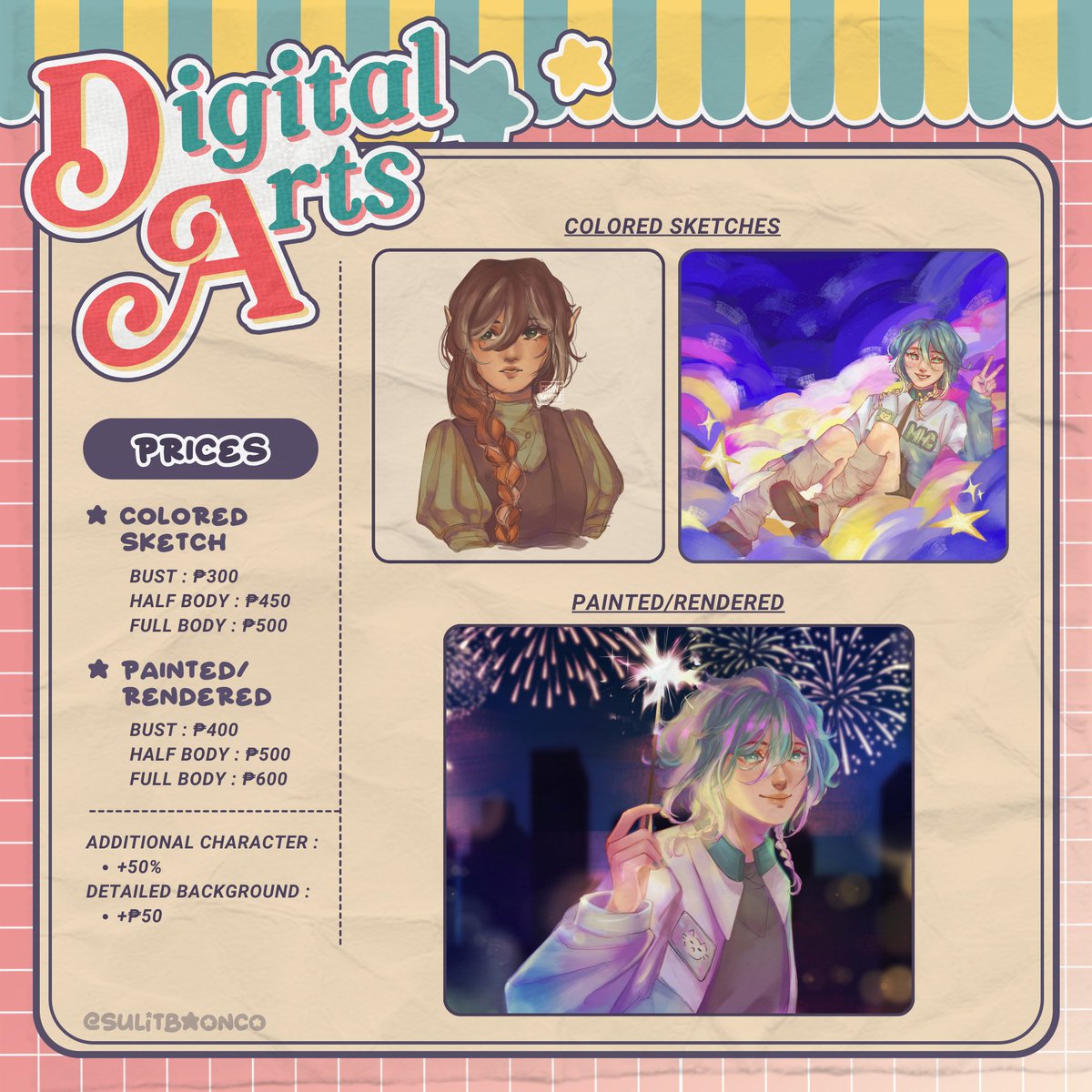 SulitBaonCo's tweet photo. SLOTS: Digital Arts - 0/6; Graphic Design - 0/5

1️⃣ Art Commissions: Ready to elevate your space? Commission personalized drawings and graphic art that perfectly capture and reflect your unique style! 🎨 https://t.co/X3x5eBAJrm