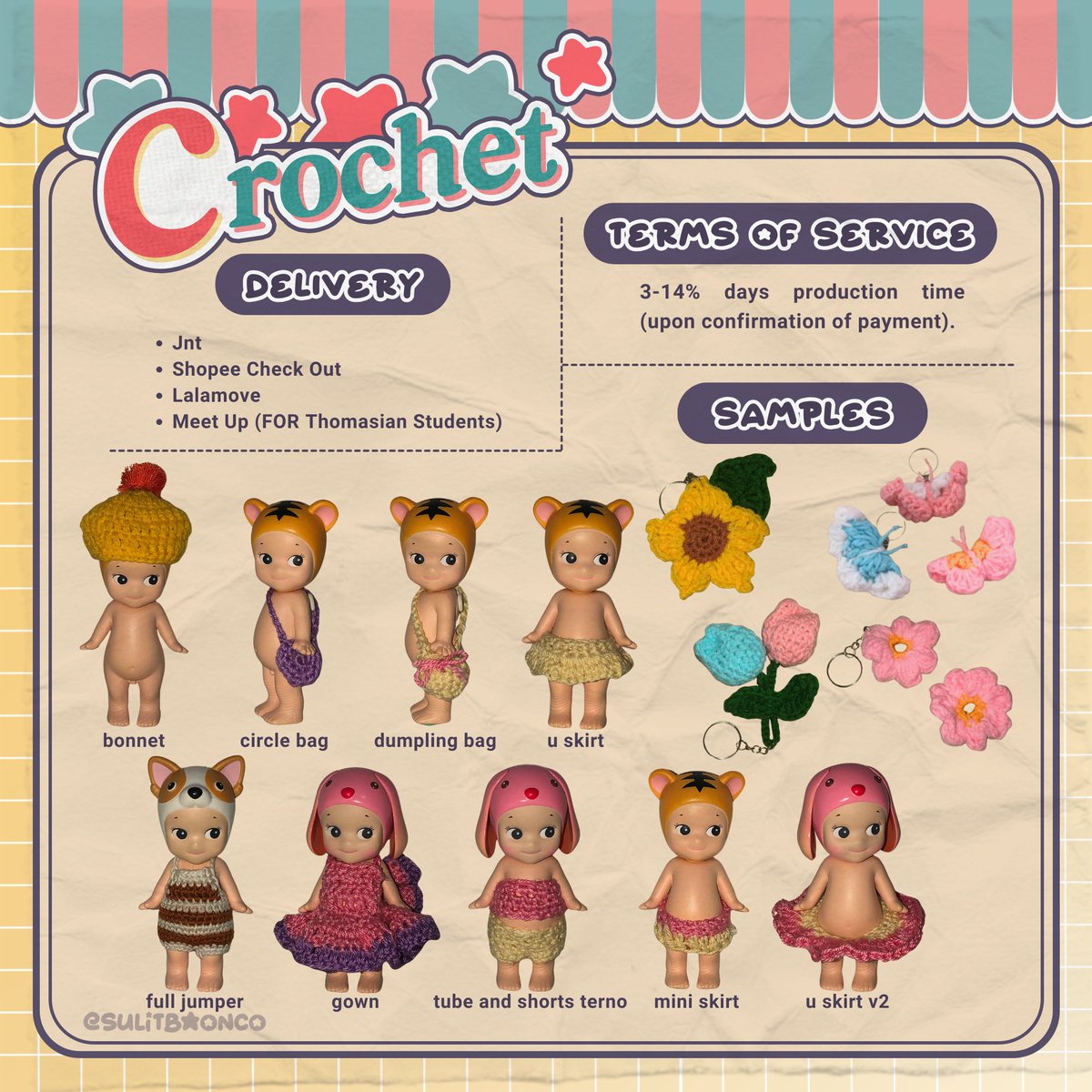 SulitBaonCo's tweet photo. SLOTS: 0/5

3️⃣ Crochet Commissions (0/5 Slots): Infuse charm into your life with Sonny Angel Clothes and Keychain Crochets, meticulously handcrafted for that extra special touch! 🧶 https://t.co/mgyfDnTwSR