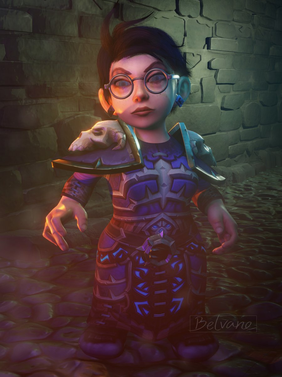 Belvane's tweet photo. Dear Blender, it's been eight years and I still can't find what makes hair bounce in simulations. I'm not sure I'm the problem here. Have you considered intuitive names?

Here's a lazy picture of Dimco the gnome warlock, because the test render came out nice. https://t.co/v8P7BIciZq