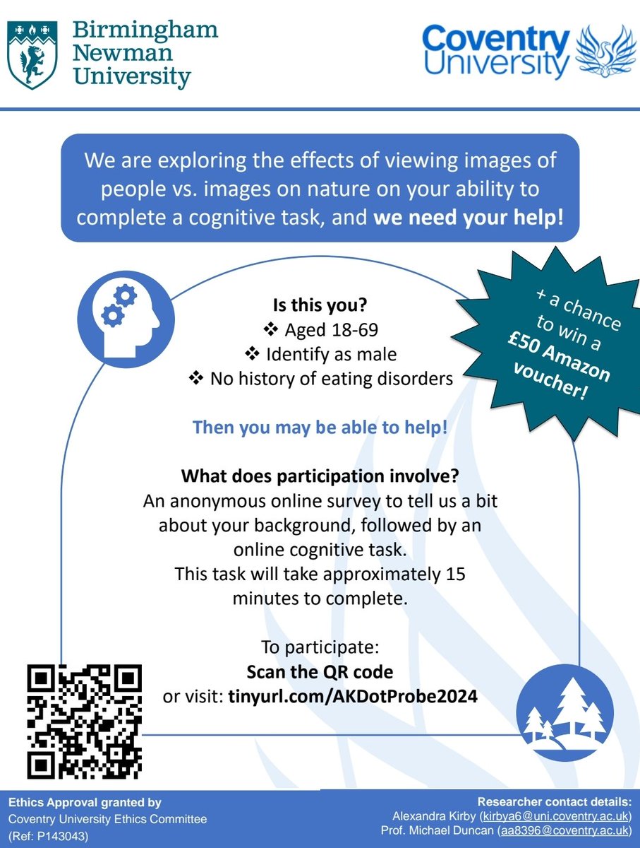 📣 PARTICIPANTS NEEDED📣 If you are male, aged 18-69, and do not have a history of eating disorders, you may be able to help! 

💳 Chance to win a £50 Amazon Voucher!

Please share 🙏 tinyurl.com/AKDotProbe2024