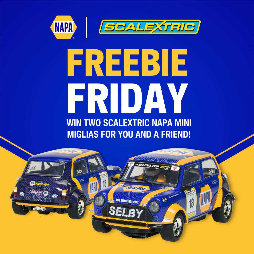 naparacinguk's tweet photo. 🔵🟡 FREEBIE FRIDAY 😮

Would you like to win TWO @Scalextric NAPA Racing Mini Miglias for you and a friend?

Enter our Freebie Friday competition now by simply tagging a friend who would love one of their own 🚙 💙💛

Entries end at 12pm on 5/2/2024.

#NAPARacingUK #Scalextric https://t.co/DVuY4hzVcL