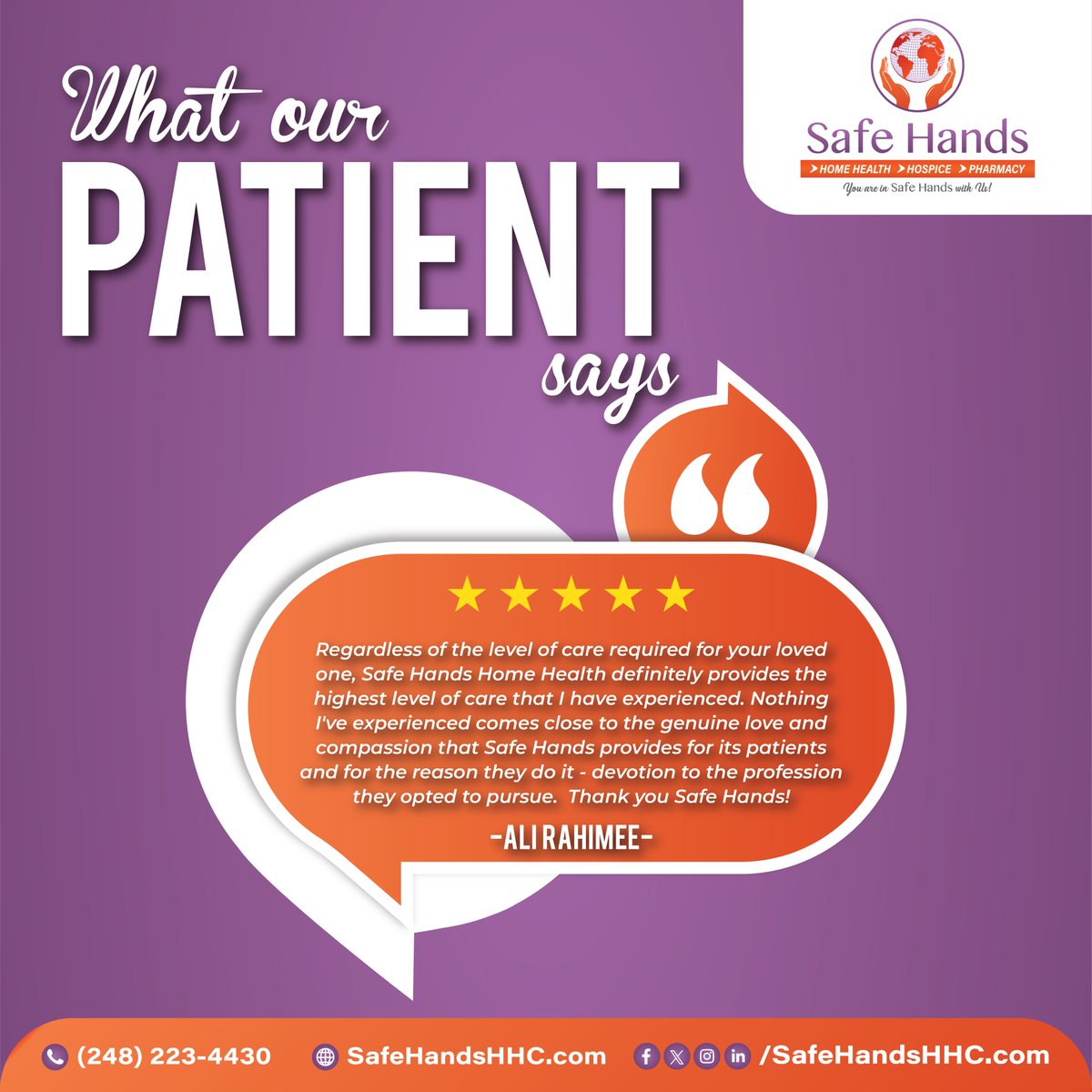 Hear it from those who know us best, Our patients! 🌟 Ali Rahimee's journey to better health speaks volumes about the care we provide.

Feel free to contact us now: +1 (248) 223-4430
or
Visit us: safehandshhc.com
#PatientTestimonial #homehealthcare #SafeHandsHHC #Michigan