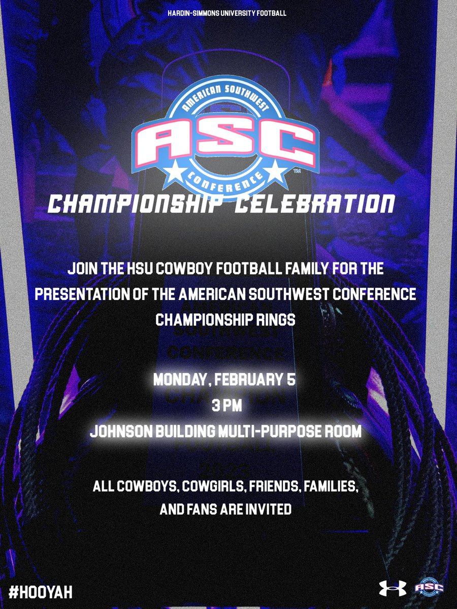 HSUCowboys's tweet photo. Come celebrate with us — YOUR 2023 ASC Champions. 💍

Monday, February 5th
3 PM 
Johnson Building Multi-Purpose Room 

See you there! #HOOYAH #StayPurple https://t.co/n11UZupXYc