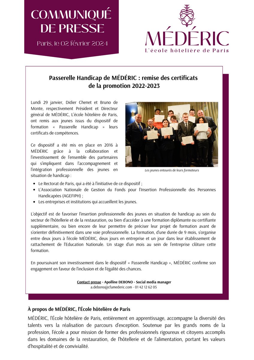 Médéric, école hôtelière de Paris (@mederic_ecole) on Twitter photo | CÉRÉMONIE - PASSERELLE HANDICAP |
🎓 Lundi dernier, Didier Chenet, Président, et Bruno de Monte, Directeur général de <a href="/mederic_ecole/">MÉDÉRIC, L'école hôtelière de Paris</a>, ont remis les certificats de compétences aux jeunes issus du Dispositif Passerelle – promotion 2022-2023⤵️ | CÉRÉMONIE - PASSERELLE HANDICAP |
🎓 Lundi dernier, Didier Chenet, Président, et Bruno de Monte, Directeur général de <a href="/mederic_ecole/">MÉDÉRIC, L'école hôtelière de Paris</a>, ont remis les certificats de compétences aux jeunes issus du Dispositif Passerelle – promotion 2022-2023⤵️