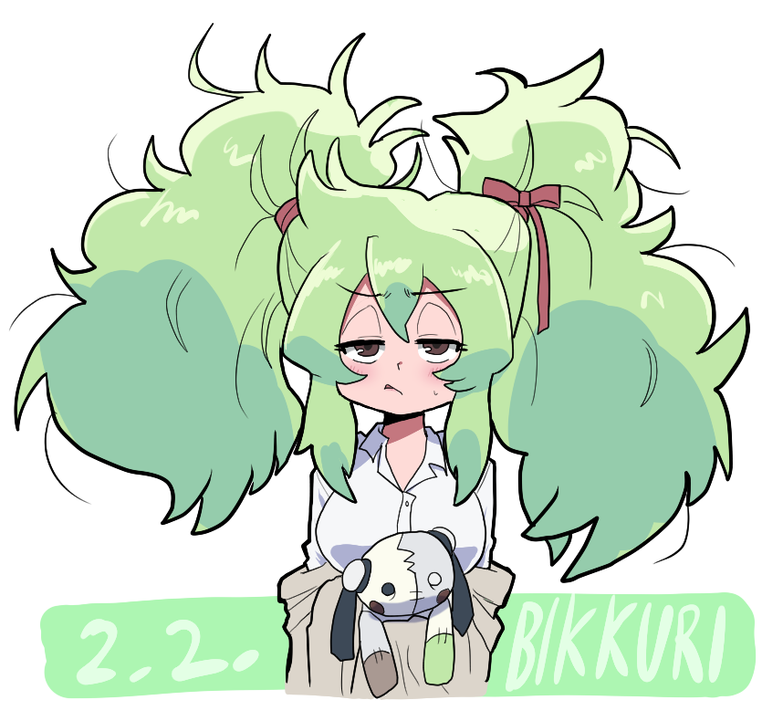 1girl green hair twintails stuffed toy solo messy hair shirt  illustration images