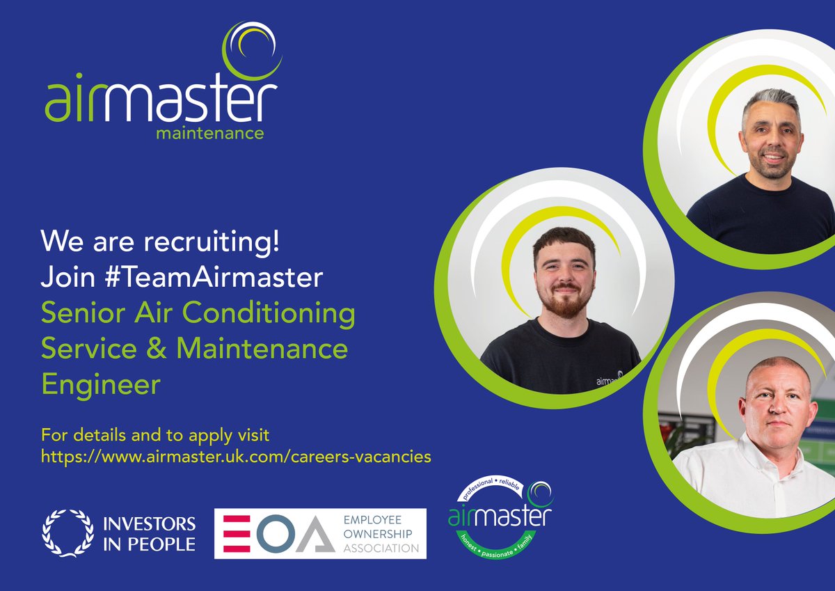 AirmasterAC's tweet photo. We are recruiting a Senior Air Conditioning Service &amp; Maintenance Engineer for our Maintenance team carrying out local &amp; national contracts, working on all sorts of mechanical plant #teamairmaster
For full details &amp; how to apply please visit our website https://t.co/ok5kUVoL0A https://t.co/pffJ3TudBV