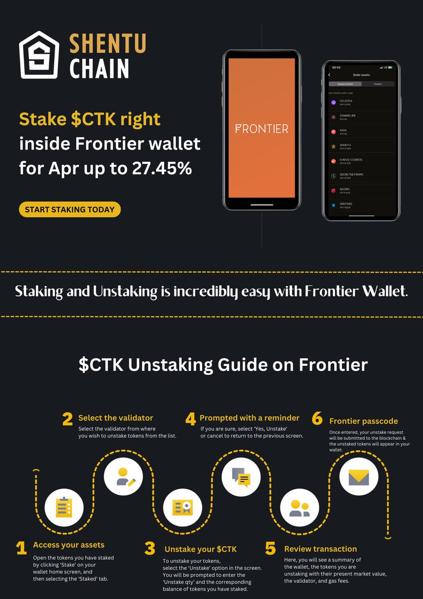 eth_Harvie's tweet photo. Are you ready to unlock the value of your $CTK on @FrontierDotXYZ ?
Hereโs an infographic that will help you unstake your $CTK of @ShentuChain on frontier_wallet with ease.
Experience seamless unstaking and enjoy your unlocked tokens๐
#Shentucommunity #FrontierWallet #Binance https://t.co/DHcUhfbLiG