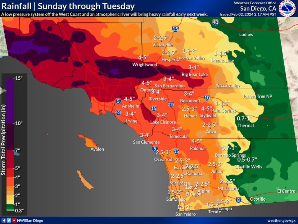 Let’s get #ReadySBCUSD! Sunday through Tuesday will be a soaker. The ground is saturated now. We are likely to see flooding in urban areas. Prepare today! @SB_CitySchools @NWSSanDiego @CALFIREBDU @SBCOUNTYFIRE @SanBernardinoPD @sbcountysheriff