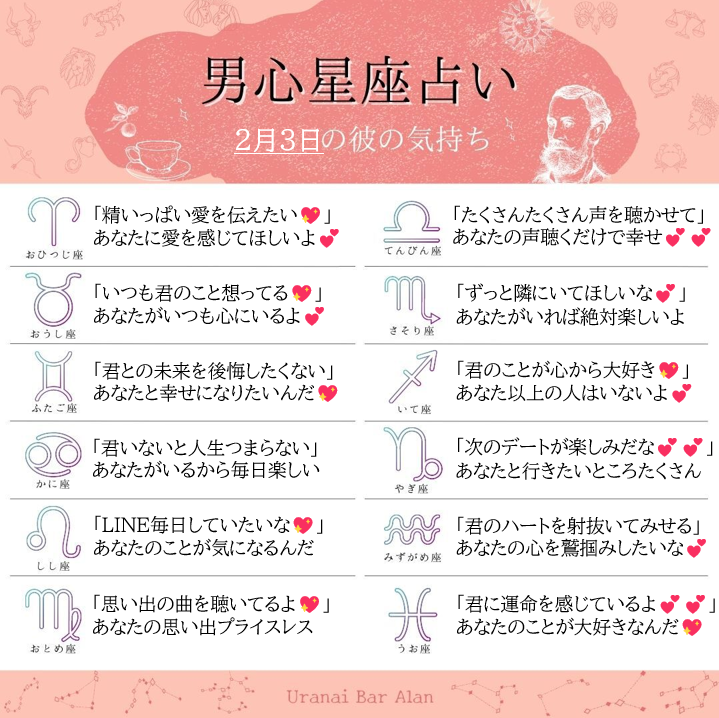 themoontokyo's tweet photo. 2/3 彼の本音
牡羊座♈愛伝えたい
牡牛座♉️いつも想う
双子座♊️後悔したくない
蟹座　♋️人生つまらない
獅子座♌️LINE毎日したい
乙女座♍️思い出の曲聴いてる
天秤座♎️たくさん声聴かせて
蠍座　♏️ずっと隣いて
射手座♐️心から大好き
山羊座♑️デート楽しみ
水瓶座♒️ハート射抜く
魚座　♓️運命感じてる https://t.co/wkNRGleldJ
