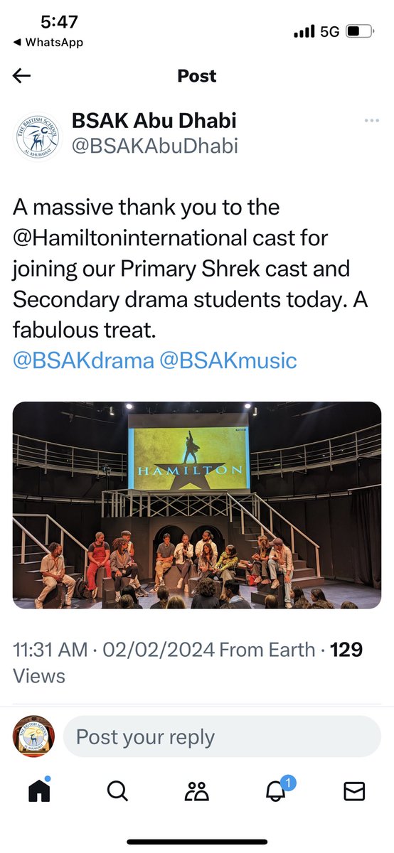 BSAK Drama (@bsakdrama) on Twitter photo What a special treat our students had today!! Thank you to the cast of the touring production of Hamilton for inspiring and encouraging the future generation 🎭 <a href="/BSAKAbuDhabi/">BSAK Abu Dhabi</a> <a href="/BSAKmusic/">BSAK Music</a> What a special treat our students had today!! Thank you to the cast of the touring production of Hamilton for inspiring and encouraging the future generation 🎭 <a href="/BSAKAbuDhabi/">BSAK Abu Dhabi</a> <a href="/BSAKmusic/">BSAK Music</a>
