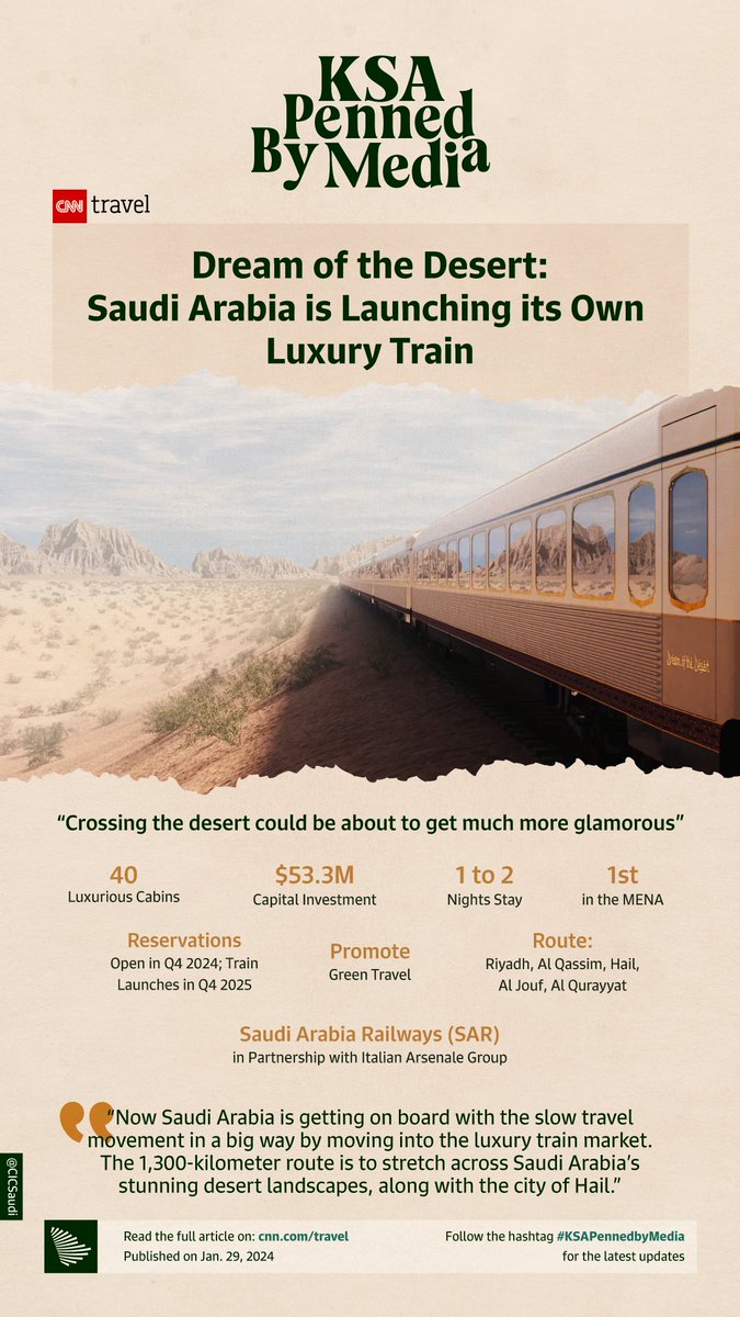 Arabian nights in the Kingdom are welcoming in luxury onboard the “Dream of the Desert” train, MENA’s first! Read more on @cnntravel. #KSAPennedbyMedia