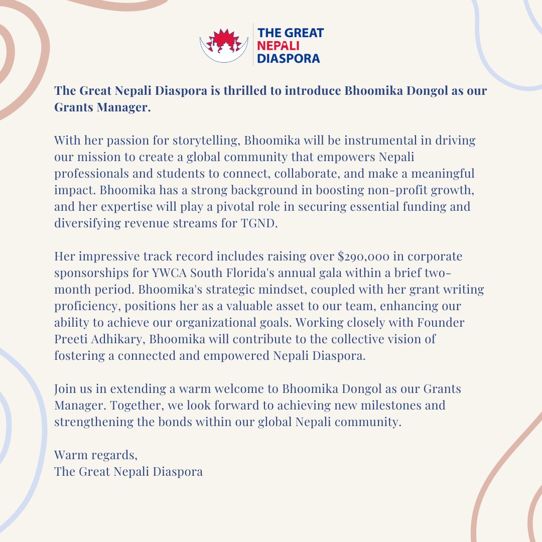 Meet TGND's Grants Manager, Bhoomika Dongol! ✨👏

Outside of TGND, Bhoomika is the Annual Development Director at YWCA Regina in Miami, Florida. 
Connect with her on Linkedin:
linkedin.com/in/bhoomika-do…

#thegreatnepalidiaspora #facesoftgnd #nepali #grantwriter