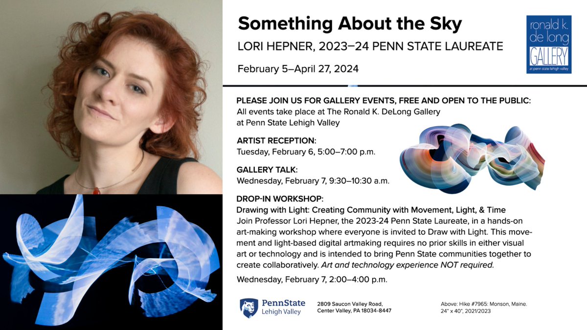 PSU Lehigh Valley (@psulehighvalley) on Twitter photo Join us next week in the 📍 Ronald K. De Long Gallery at Penn State Lehigh Valley for the launch of our spring exhibit, featuring #pennstate laureate, Lori Hepner. 
Check out the full schedule of events below! ⬇ 
#psulaureate #psulv #allentownart Join us next week in the 📍 Ronald K. De Long Gallery at Penn State Lehigh Valley for the launch of our spring exhibit, featuring #pennstate laureate, Lori Hepner. 
Check out the full schedule of events below! ⬇ 
#psulaureate #psulv #allentownart