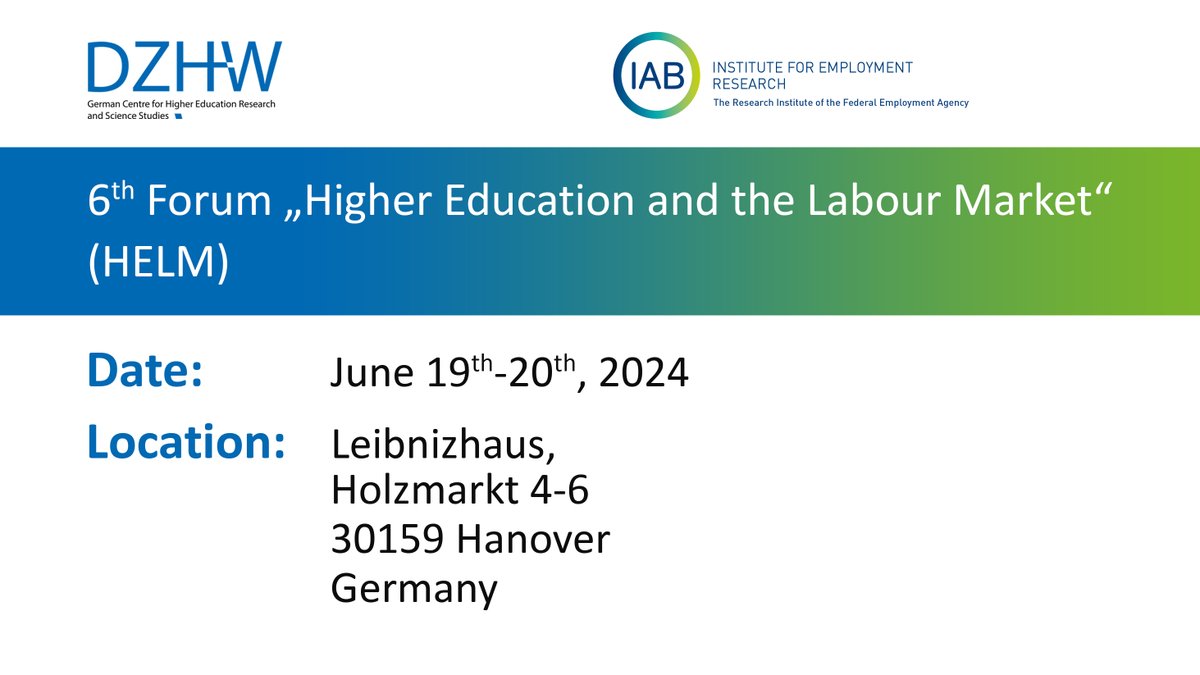 DZHW_info's tweet image. 📣📢We are thrilled to announce the 6th Forum in Higher Education and the Labor Market (HELM) in Hanover/Germany jointly organized by @DZHW_info and @iab_news!
Submissions are open! Deadline: April 8, 2024!
Details here: dzhw.eu/pdf/veranstalt…
#HELM2024