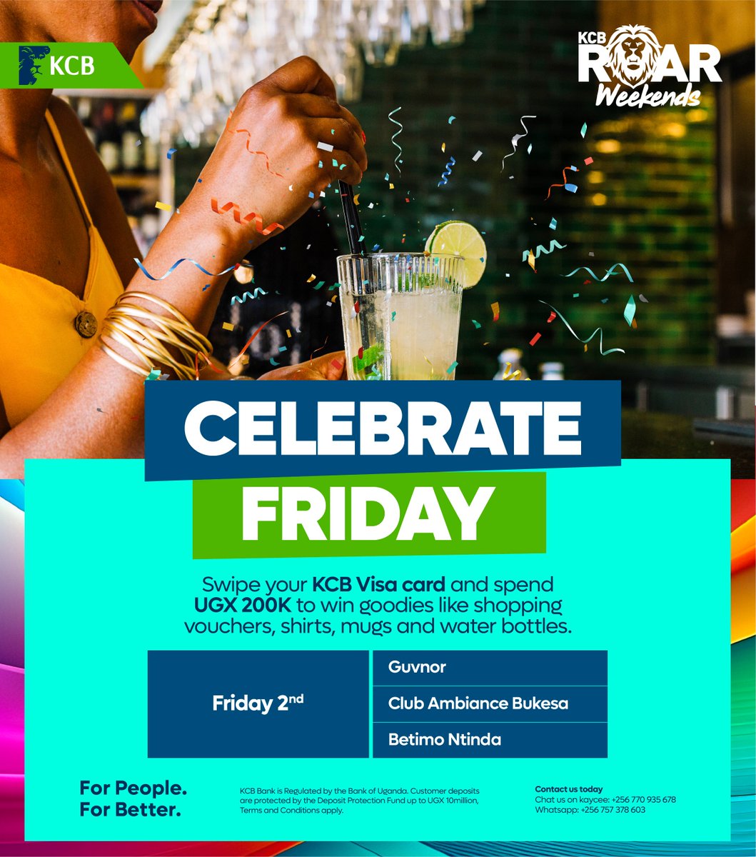 kcbbankug's tweet photo. Are you going out tonight? 🤔

Visit any of our merchants and spend up to UGX 200,000 to stand a chance to win lots of goodies. #KCBRoarWeekends #ForPeopleForBetter https://t.co/IXenl72T8i