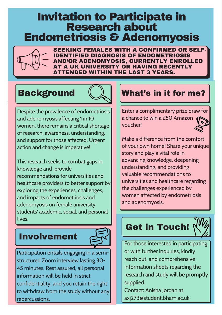 One of my MSc students is doing her dissertation on endometriosis and its impact on university students. Can you please share for recruitment purposes? <a href="/UoB_PhysioSoc/">University of Birmingham PhysioSoc</a> <a href="/thecspstudents/">CSP Students</a> <a href="/Student/">Student.com</a> <a href="/UoNSU/">University of Nottingham Students' Union</a> <a href="/CUPhysios/">Coventry Uni Physios</a> <a href="/MyBCU/">Birmingham City University</a> <a href="/GdnStudents/">Guardian Students</a> <a href="/EndometriosisUK/">Endometriosis UK</a> <a href="/Endometriosis/">Endometriosis.org</a> <a href="/PelvicPainEndo/">Pelvic Pain & Endometriosis BC</a>
