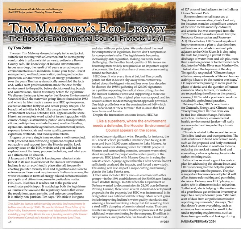 The <a href="/ryderfilmseries/">The Ryder</a> published a wonderful article about HEC's founder, Tim Maloney and the work of the Hoosier Environmental Council. Please enjoy the read! online.flippingbook.com/view/833575320…