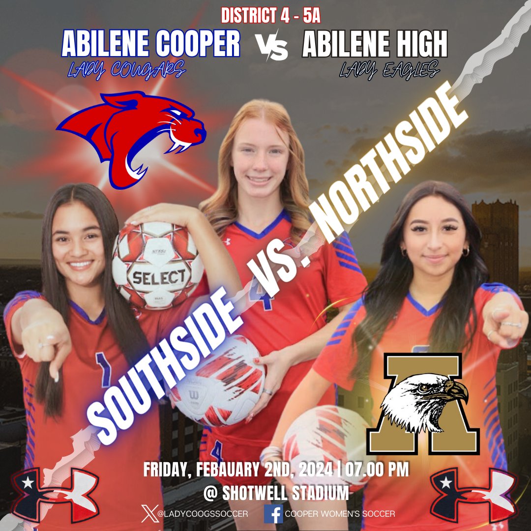 LadyCoogsSoccer's tweet photo. GAME DAY!!! CROSSTOWN SHOWDOWN!!! COOPER vs. ABILENE HIGH!!! JV @ 5:00 - ANNEX &amp; VARSITY @ 7:00!!! MIDDLE SCHOOL NIGHT - GO BISON &amp; CARDINALS!!! https://t.co/RvjGAEazpv