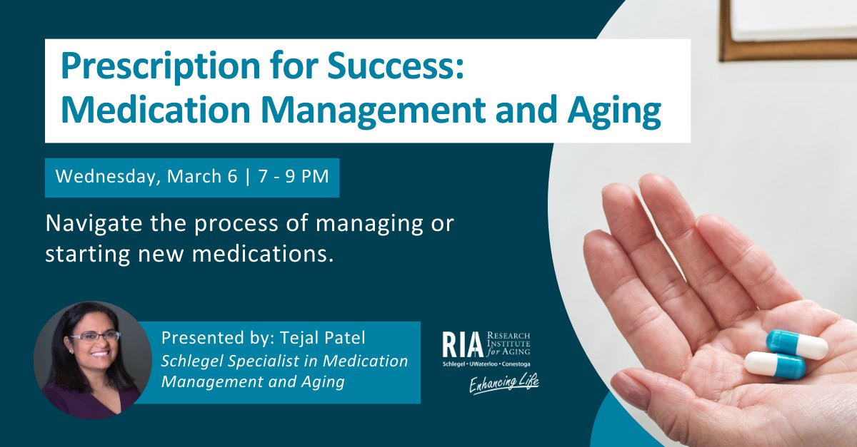 Schlegel-UW Research Institute for Aging (@aging_institute) on Twitter photo As we age, managing medications can become more complex. "Prescription for Success: Medication Management and Aging," presented by <a href="/TPatelPharmD/">Tejal Patel</a> on March 7 is designed to help you navigate these challenges. Secure your spot today: the-ria.ca/events/prescri… As we age, managing medications can become more complex. "Prescription for Success: Medication Management and Aging," presented by <a href="/TPatelPharmD/">Tejal Patel</a> on March 7 is designed to help you navigate these challenges. Secure your spot today: the-ria.ca/events/prescri…