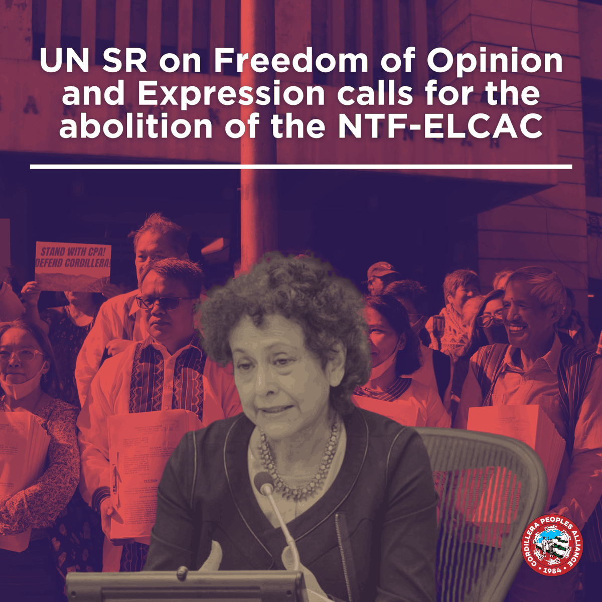 IWGIA's tweet photo. 📢 UN Special Rapporteur Irene Khan made a statement fot the National Task Force to End Local Communist Armed Conflict (NTF-ELCAC) to be abolished
From IWGIA, we echo @CPA_Cordillera hope that the #Philippine 🇵🇭 government will act on the said recommendations
#FightToExpress https://t.co/Pvq8vzxdBv