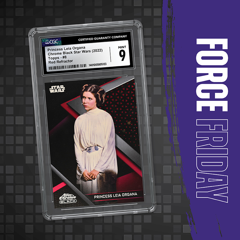 CGCCards's tweet photo. Here's a modern day Princess Leia Organa card that is strong with the force! This Chrome Black Princess Leia Organa Red Refractor is short printed to only five total copies. With the CGC Mint 9 grade this card is a true must-have for #PrincessLeia collectors! #ForeFriday https://t.co/66PW9oipPY