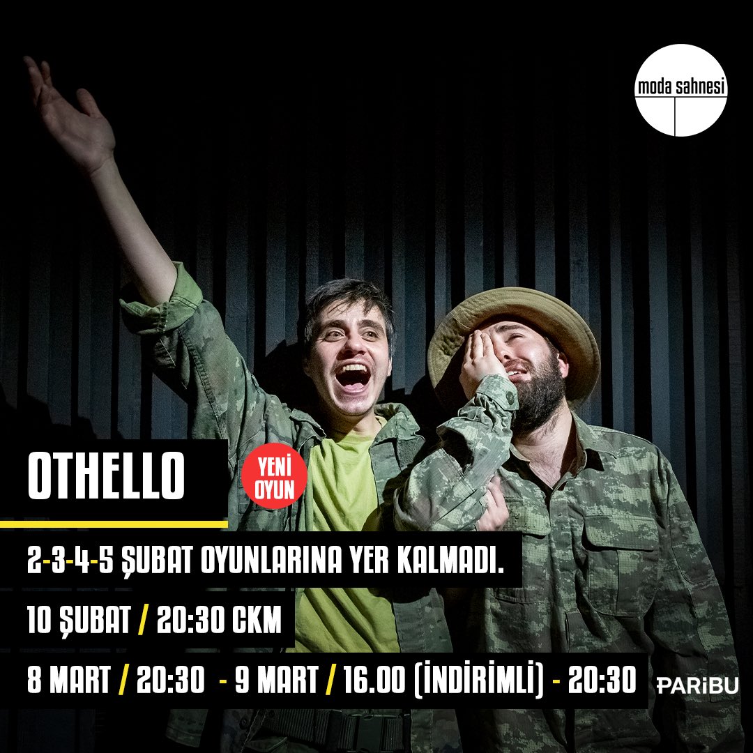 Othello 2-3-4-5 Şubat oyunlarına yer kalmadı. 10 Şubat, 20.30 - CKM 8 Mart, 20.30 - 9 Mart, 16.00 (İndirimli) - 20.30 @canercindoruk @ilayerkok @k_aydogan Bilet almak için🔻 biletinial.com/tr-tr/tiyatro/… #othello #canercindoruk #modasahnesi