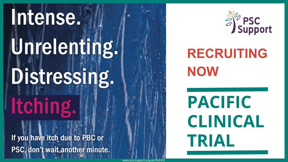PACIFIC is a clinical trial testing a drug to tackle #PSCitch. The trial is seeking adults diagnosed with #PSC or #PBC to evaluate the investigational drug for cholestatic itch. Find out more: bit.ly/3Shfm3c 
#LetsBeatPSC #PSCSupport #PSCClinicalTrial #PSCResearch