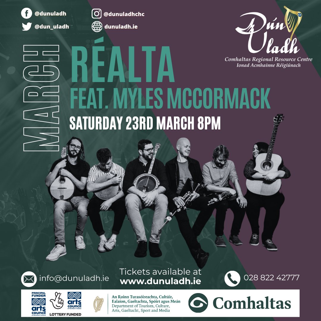 Réalta make their Dún Uladh debut this March with acclaimed Belfast singer Myles McCormack 📆 Saturday 23 March ⏰ 8pm Book your tickets now at dunuladh.ie/whats-on/dun-u… For more information, email info@dunuladh.ie or give us a call on 02882 242777 @artscouncilni @comhaltas