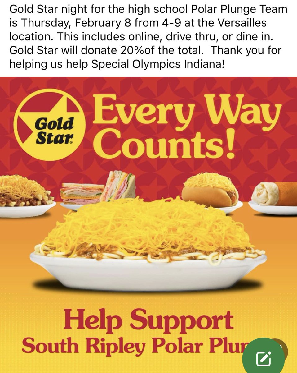 Gold Star night is Thursday, Feb. 8 from 4-9. Help us help our Special Olympic athletes! Thanks for your support!