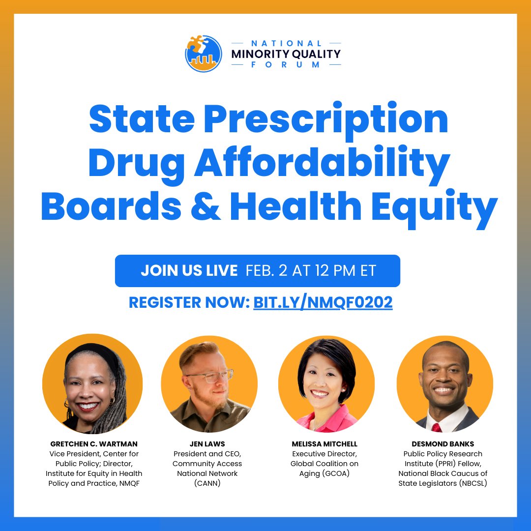 NMQF's tweet photo. Today at 12 PM ET, join us for an educational webinar on how state prescription drug affordability boards (#PDABs) and price setting policies compromise health equity–featuring NMQF, #GCOA, @TIICANN and @NBCSL77.

➡️ https://t.co/GGPn2mpsLb https://t.co/C71XcXKGFE