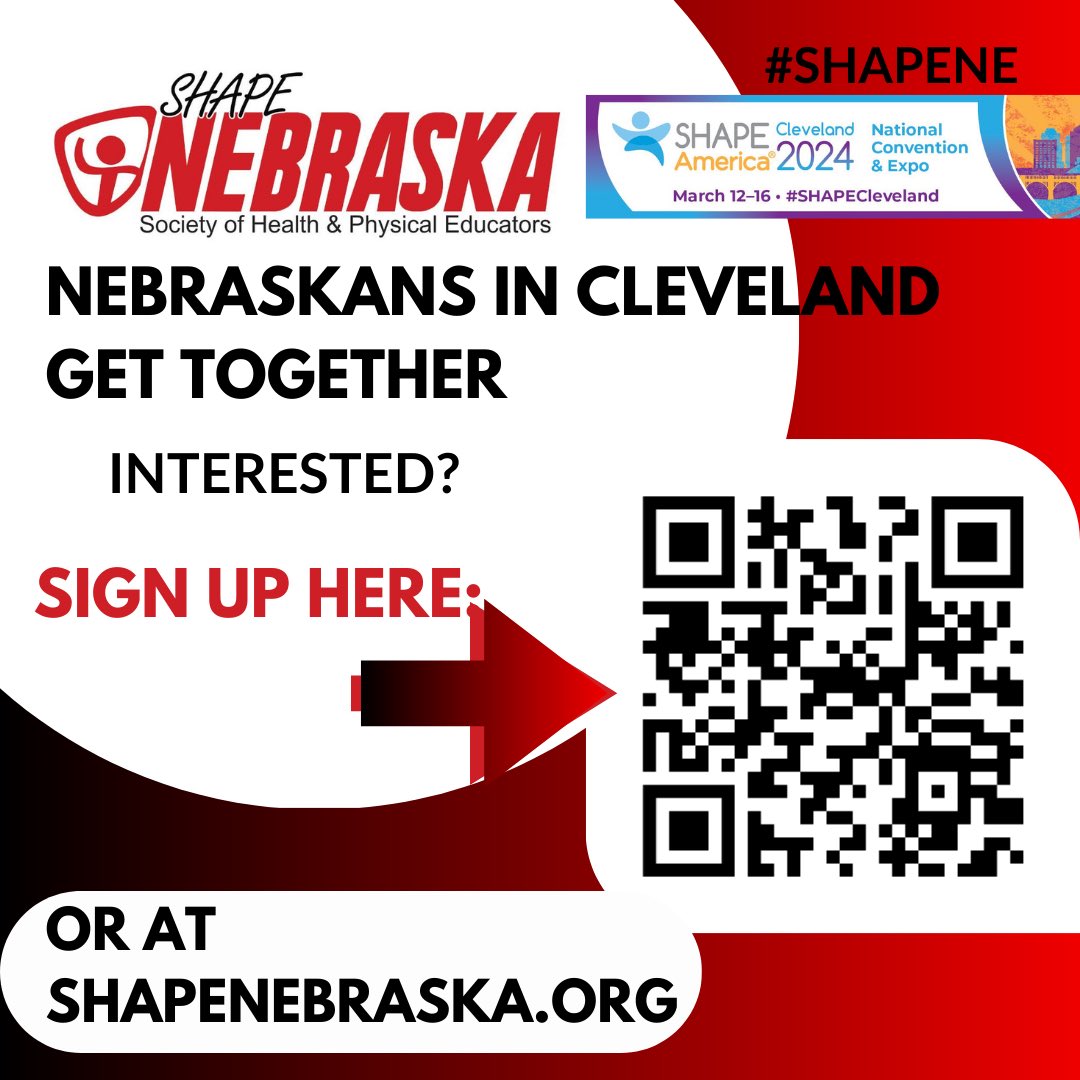 SHAPENebraska's tweet photo. Hey Nebraska Health and PE professionals/students- Are you headed to Cleveland and interested in socializing with fellow Nebraskans? Let us know through the QR code or at https://t.co/eflpZbzQQl ! #shapecleveland #shapenebraska https://t.co/HvDECVtkVX