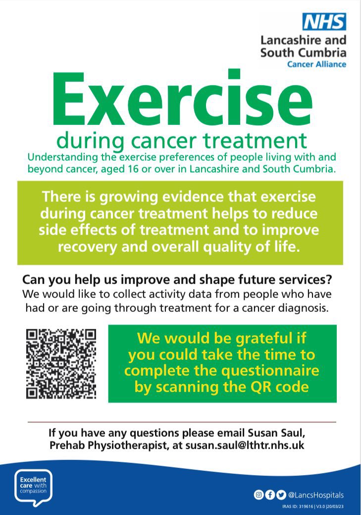 We have now had 200 responses to our #cancer #exercise questionnaire but would love to get even more! If you live in Lancashire and South Cumbria and have ever been given a cancer diagnosis, then please click the link: bit.ly/3lkTGXI #prehab #ThankYou @LSC_CA_ALLIANCE