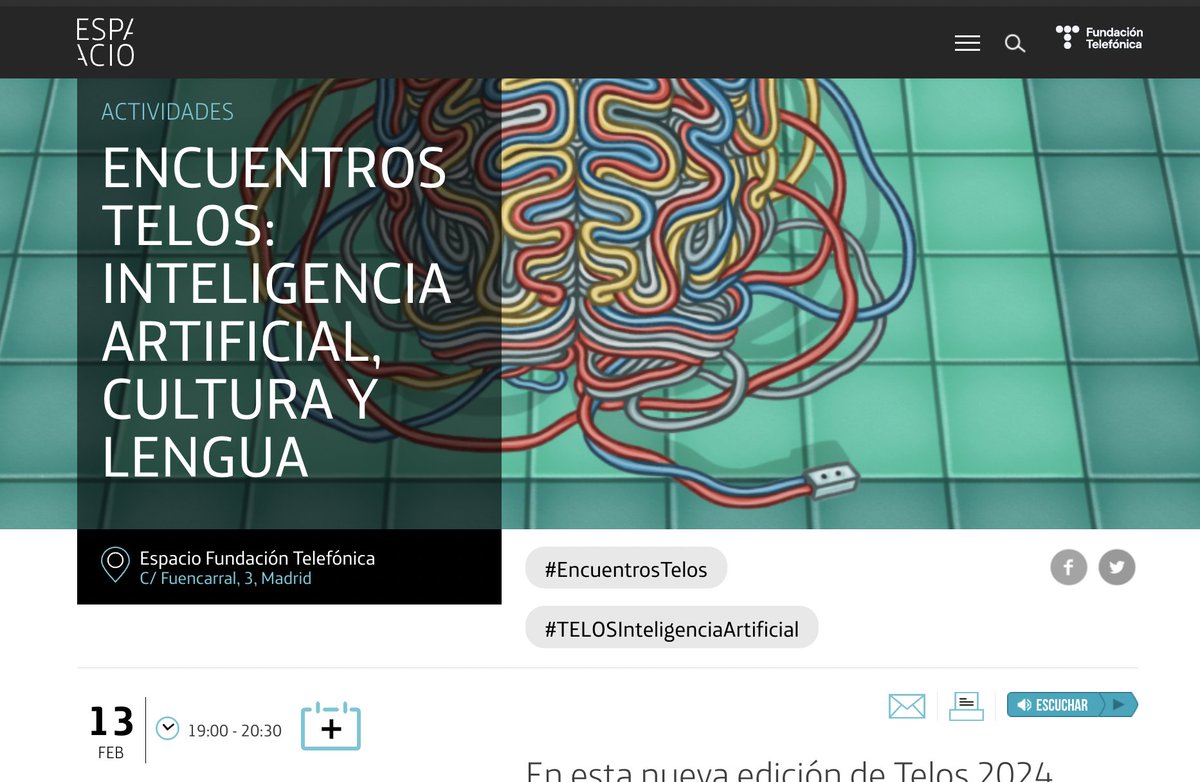 🚨🚨13 de febrero de 2024.

Nuevo #encuentroTelos2024 sobre cómo la #inteligenciaartificial influye en nuestra identidad cultural y lingüística, 

su impacto en la #creatividad, el #arte, la #educación y la interacción social.

¡NO TE LO PIERDAS!

espacio.fundaciontelefonica.com/evento/encuent…
