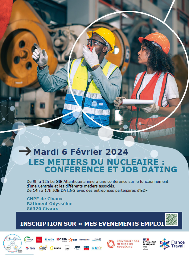 📢 Avez-vous pensé aux métiers du nucléaire ? Que ce soit en mode découverte ou pour postuler, RDV à Civaux Mardi prochain !
▶ Présentation des métiers du nucléaire
▶ Jobdating avec les entreprises partenaires d'EDF
▶ Conférence sur le fonctionnement d'une centrale