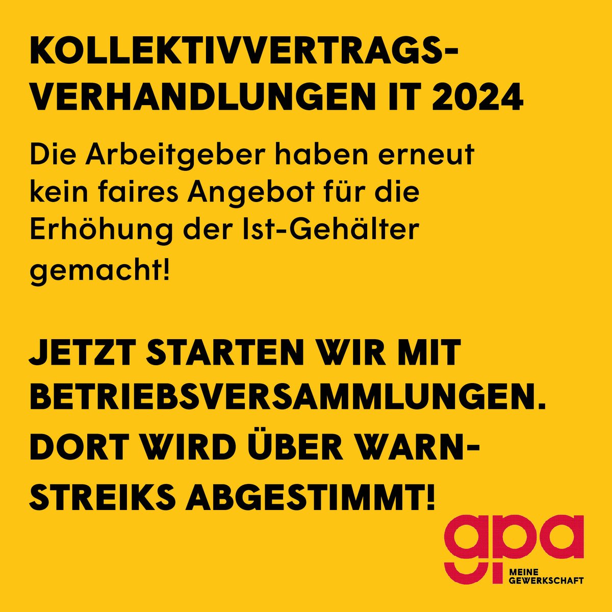 GewerkschaftGPA's tweet photo. Die 8. Runde der #Kollektivvertragsverhandlungen für die 90.000 Beschäftigten in der #IT ist vorbei. Wieder haben die Arbeitgeber kein faires Angebot für die Erhöhung der Ist-Gehälter gemacht. Wir erhöhen jetzt den Druck! Mehr Infos▶️ https://t.co/4LnaJVXitt https://t.co/jajPG0ZMQ9