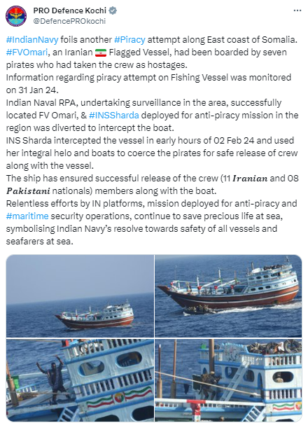 PTI_News's tweet photo. "#IndianNavy foils another #Piracy attempt along East coast of Somalia. #FVOmari, an Iranian 🇮🇷 Flagged Vessel, had been boarded by seven pirates who had taken the crew as hostages. Information regarding piracy attempt on Fishing Vessel was monitored on 31 Jan 24. Indian Naval RPA, undertaking surveillance in the area, successfully located FV Omari, & #INSSharda deployed for anti-piracy mission in the region was diverted to intercept the boat. INS Sharda intercepted the vessel in early hours of 02 Feb 24 and used her integral helo and boats to coerce the pirates for safe release of crew along with the vessel. The ship has ensured successful release of the crew (11 𝑰𝒓𝒂𝒏𝒊𝒂𝒏 and 08 𝑷𝒂𝒌𝒊𝒔𝒕𝒂𝒏𝒊 nationals) members along with the boat.
Relentless efforts by IN platforms, mission deployed for anti-piracy and #maritime security operations, continue to save precious life at sea, symbolising Indian Navy’s resolve towards safety of all vessels and seafarers at sea," posts @DefencePROkochi.