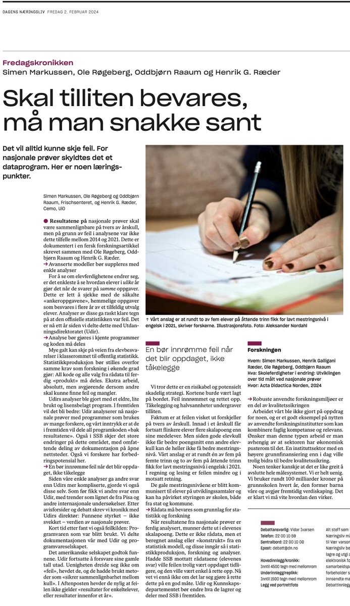 Nasjonale prøver ble analysert feil av Udir frem til 2021 - hva kan vi (og Udir) lære av dette for å unngå at noe lignende skjer igjen?  Oppsummert: kjør enkle analyser i tillegg til kompliserte, dokumenter alle steg, spar på rådata, og innrøm påviste feil.