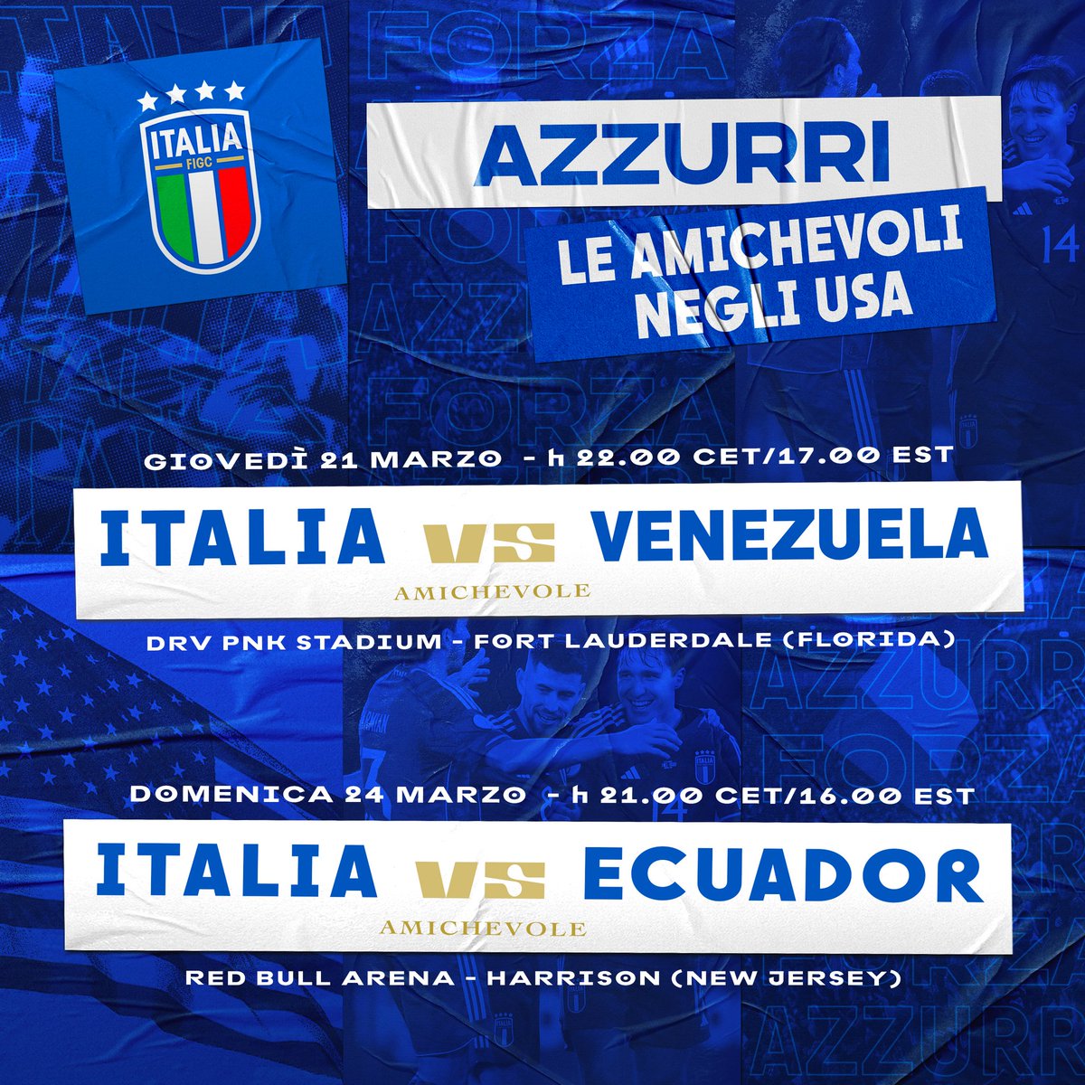Azzurri's tweet photo. Per gli #Azzurri a marzo due amichevoli negli #USA 🇺🇸

🇮🇹🇻🇪 Italia-Venezuela  (21/3 Fort Lauderdale) 
🇮🇹🇪🇨 Italia-Ecuador (24/3 New York) 

Info 👉🏻 https://t.co/cPEib4CMuC

#Nazionale #VivoAzzurro https://t.co/VZoPQsFfVa