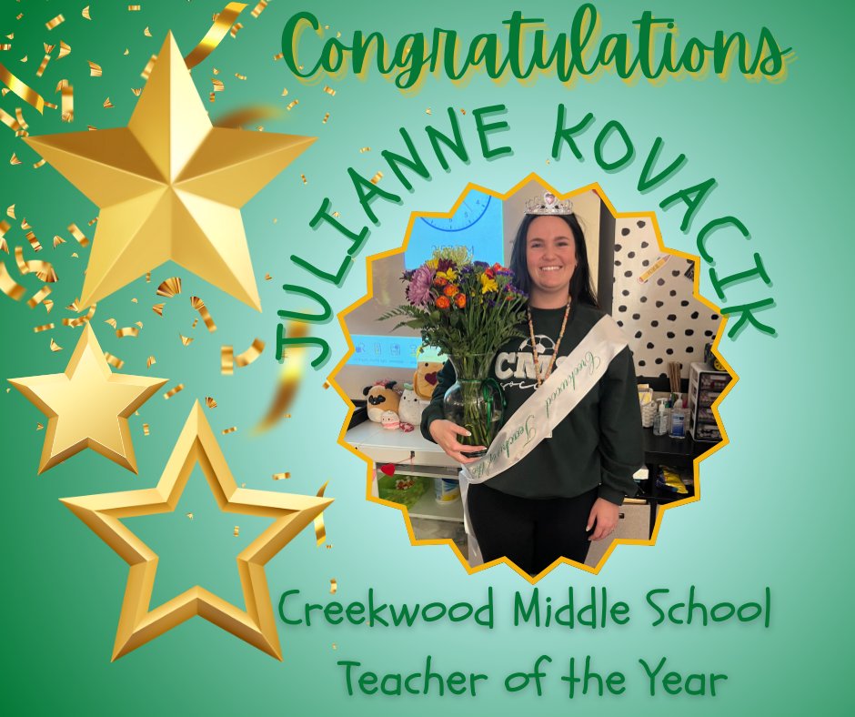 Congratulations to Ms. Kovacik our Creekwood Middle School Teacher of the Year. We are so thankful to have Ms. Kovacik at Creekwood. She is a talented teacher with a big heart! She is also a former Creekwood student. Way to go, Ms. Kovacik, we love you!