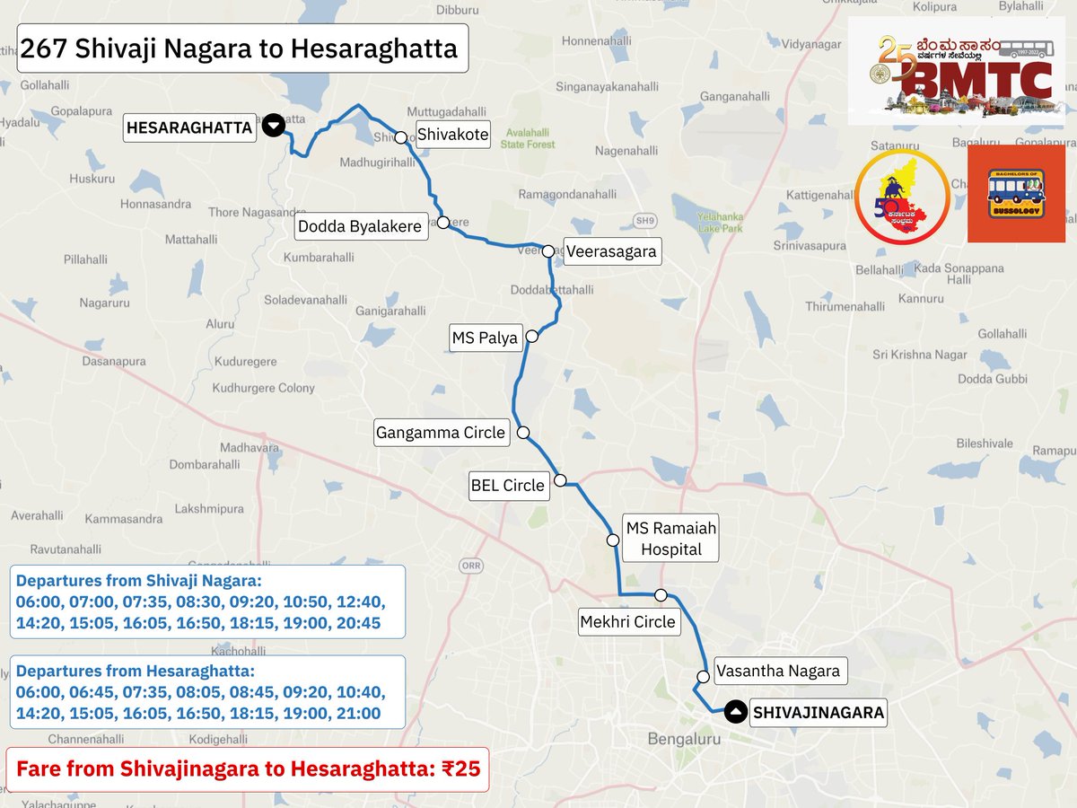 Presenting one of the newest routes introduced. 
267
Shivajinagara Bus Station - Hesaraghatta Bus Stand
via : Mekhri Circle, Ramaiah College, BEL Circle, MS Palya, Veerasagara, Shivakote.

Please refer to the attached route map for the route & timings of the same. Happy commuting