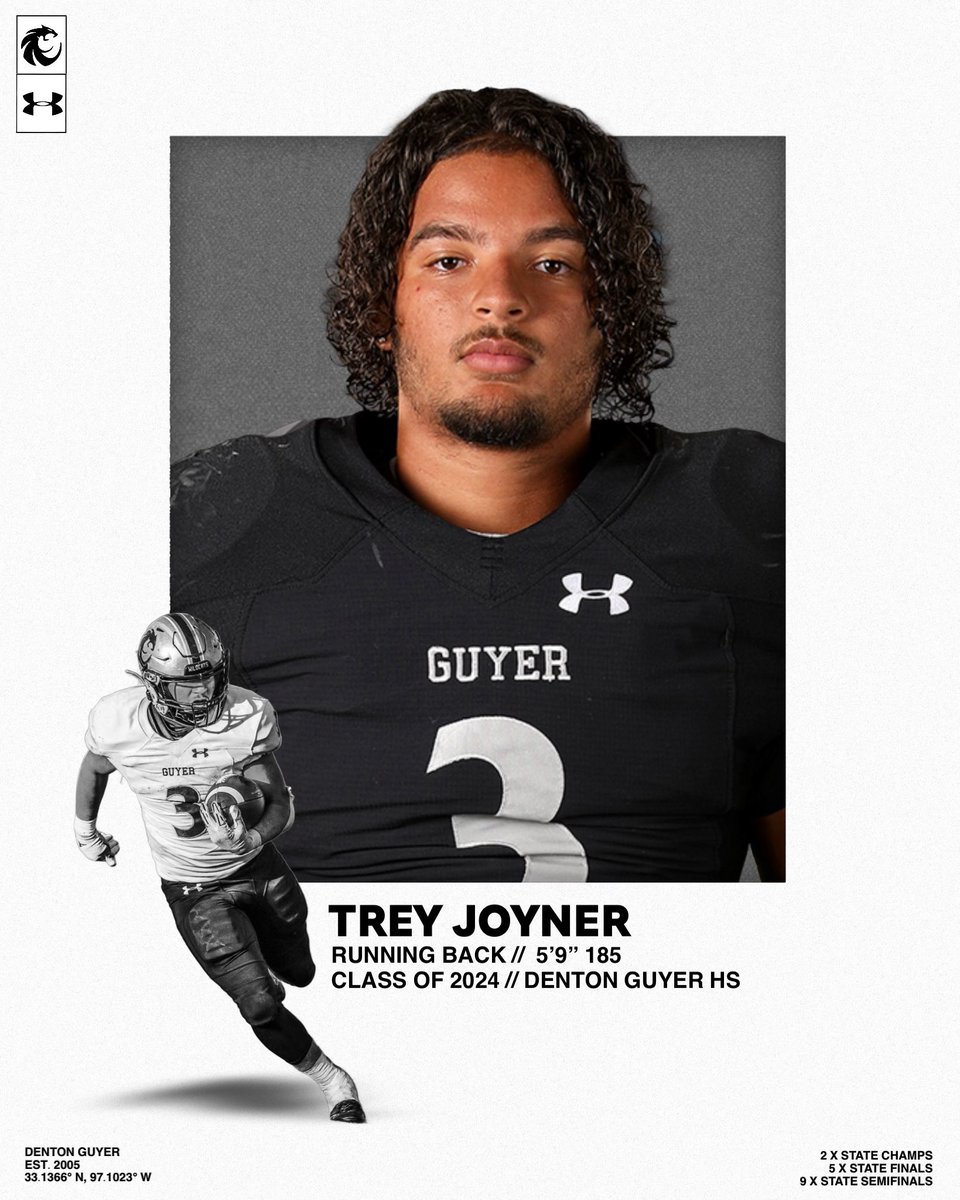 𝗧𝗿𝗲𝘆 𝗝𝗼𝘆𝗻𝗲𝗿, 𝗥𝗕, ‘𝟮𝟰 𝘋𝘦𝘯𝘵𝘰𝘯 𝘎𝘶𝘺𝘦𝘳 🎥 rb.gy/j7eihg 🏆22’ 5-6A All-District RB 🏆22’ DRC All-Area RB 20 MPH in game on @titansensor 📈Career Stats 1200+ Rushing Yards 17 Rushing TD 123 Receiving Yards #Southside | #DifferentBreed