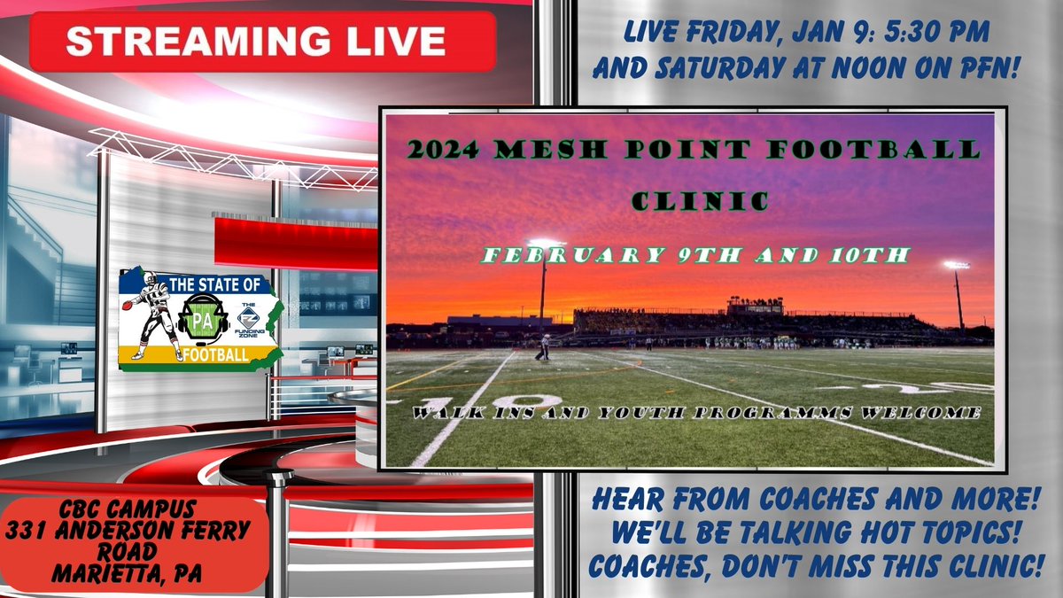 Next Friday at 5:30 &amp; Saturday noon we'll be LIVE from meshpointfootball.com Clinic in Marietta! Hear from coaches, sponsors and more plus we'll be talking HOT TOPICS including recent PIAA decisions! Visit the site above to register &amp; for clinic agenda!  <a href="/DonegalF97713/">Donegal Football</a>