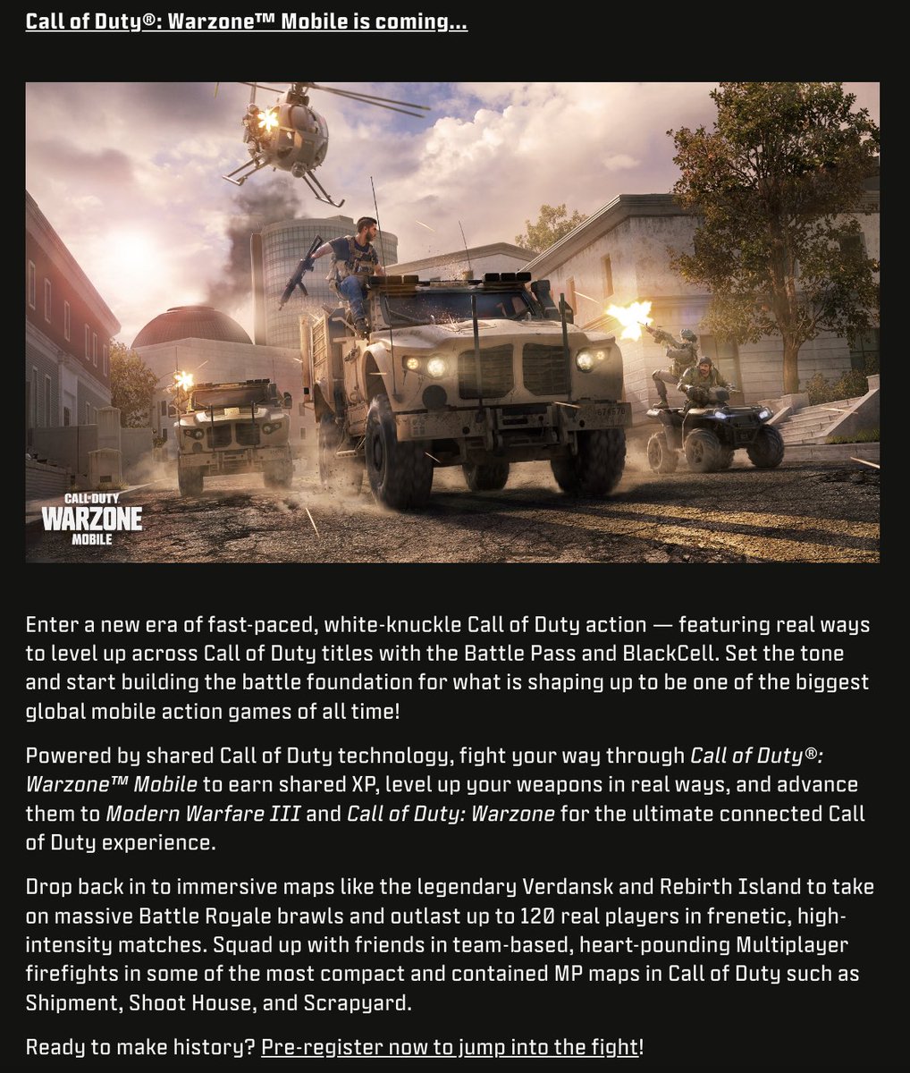 charlieINTEL's tweet photo. Call of Duty: Warzone Mobile appears to be releasing soon…the COD blog mentioned ‘Warzone Mobile is coming…’ and the official COD site now has Warzone Mobile on the home page. 

It is expected to release “Spring 2024” still. https://t.co/uStTe1dtml