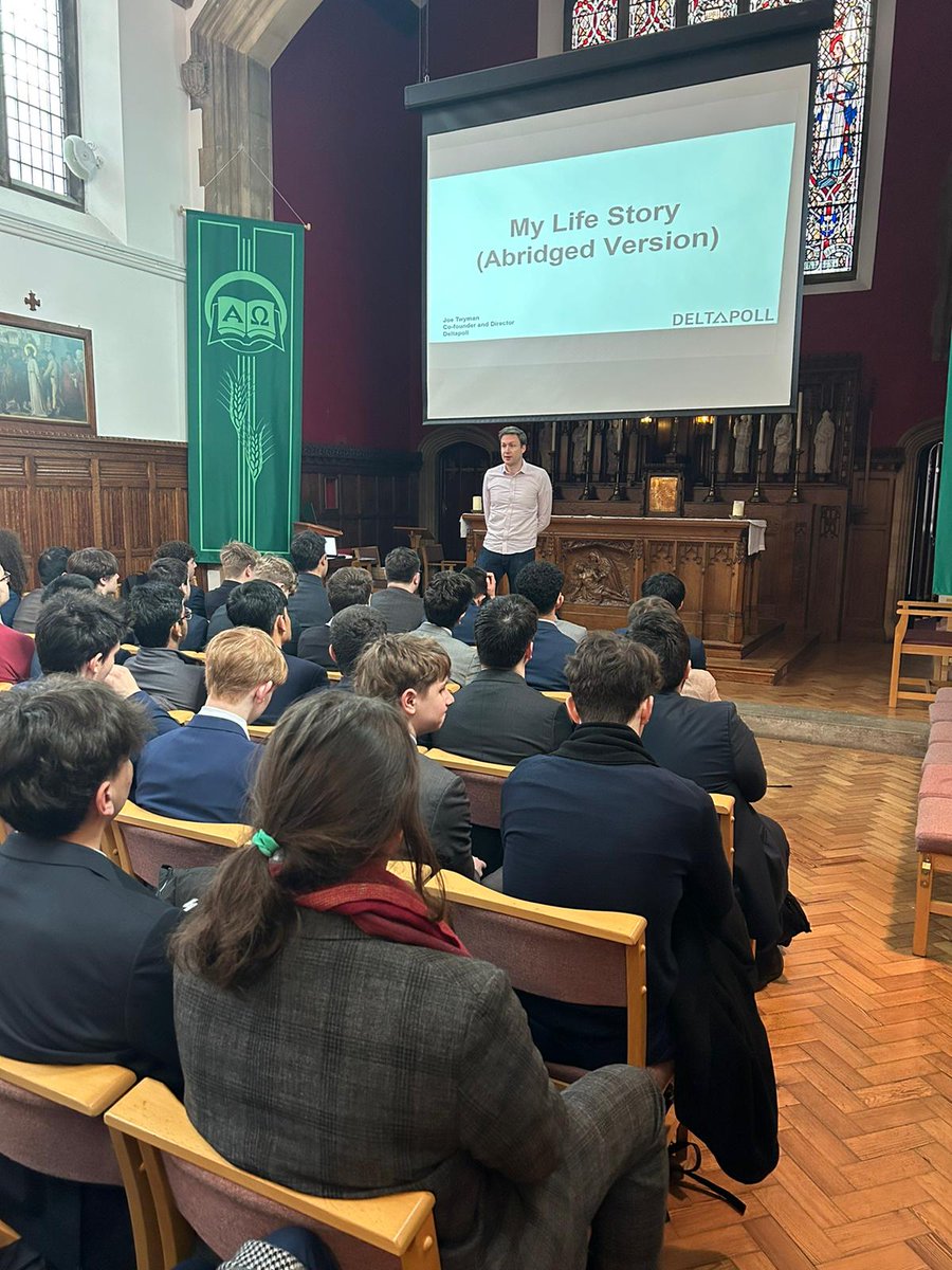 Thank you @JoeTwyman Co-Founder & Director of @DeltapollUK for a fascinating talk to our Rhetoric (Yr13) boys about his life & career. He highlighted the importance of a vote & reminded them to register & that they will be part of the electorate in the next General Election.