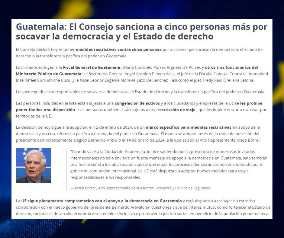PrensaComunitar's tweet photo. #Urgente 🚨 Unión Europea sanciona a fiscal general Consuelo Porras por socavar la democracia, las medidas incluyen restricción del ingreso a Europa y congelan sus activos. 

Se sanciona también a Ángel Pineda, Leonor Morales, Rafael Curruchiche de FECI y juez Fredy Orellana.📌 https://t.co/ZDDyrDTTaV